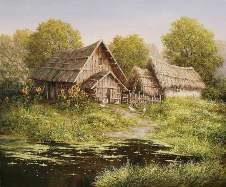 Картины маслом на холсте деревенский пейзаж. Картины маслом на холсте деревенский пейзаж Деревенский пейзаж река цветы деревья